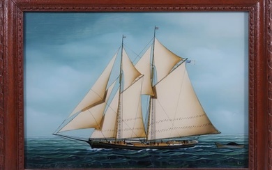 Reverse Painting on Glass "Portrait of a Two-Masted Schooner", Contemporary