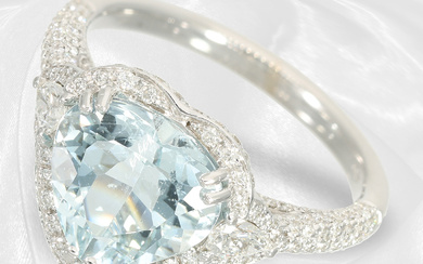 Ring: fine aquamarine ring with diamonds/brilliant-cut diamonds, worked in an interesting design, "heart shape" 18K white gold