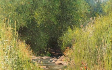Robert E. Moore (American, 1956-2003) Rocky Stream with Spring Flowers