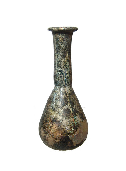 Roman yellow-green glass bottle with lovely iridescence