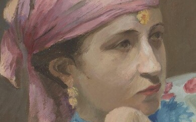 Russian School, mid-late 20th century- Portrait of an Ottoman woman, quarter-length turned to the right in a flowered dress and pink headscarf; oil on board, 38x28cm