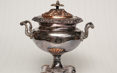 SAMOVAR, silver plated, on copper and brass, Smooth and ornamented surfaces. Wooden handle. Victorian (1837-1901). Made in the earlier part of the period.