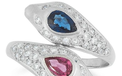 SAPPHIRE, RUBY AND DIAMOND SNAKE RING set with a pear