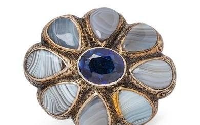 SCOTTISH, SYNTHETIC SAPPHIRE AND AGATE BROOCH