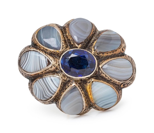 SCOTTISH, SYNTHETIC SAPPHIRE AND AGATE BROOCH