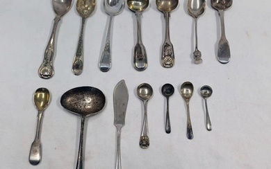 SELECTION OF VARIOUS SILVER TEASPOONS, CONDIMENT SPOONS, ETC...