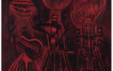 SERGIO HERNÁNDEZ, Músicos, Firmado dos veces y fechado 1998 al reverso, Óleo y arena sobre tela, 183.5 x 184 cm | SERGIO HERNÁNDEZ, Músicos, Signed tw