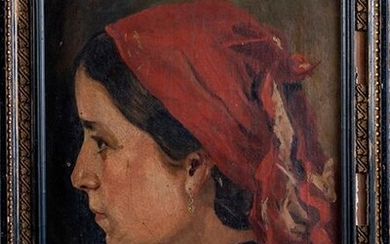 SPANISH SCHOOL FFS. XIX CENTURY - PPS. S. XX "Portrait of a girl with a red handkerchief" Oil on canvas On the back signed and dedicated "To his brother Angel [...] J.Bello" Measurements: 40 x 28 cm. Exit: 180uros. (29.949 Ptas.)