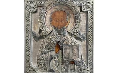ST. NICHOLAS RUSSIAN ICON IN SILVER & TEMPERA