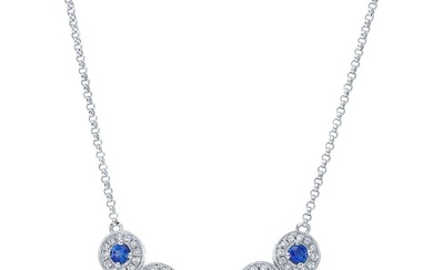 Sapphire And Diamond Five Section Graduated Halo Curved Necklace In 14k White Gold