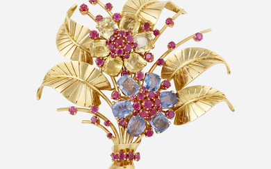 Sapphire and ruby bouquet brooch