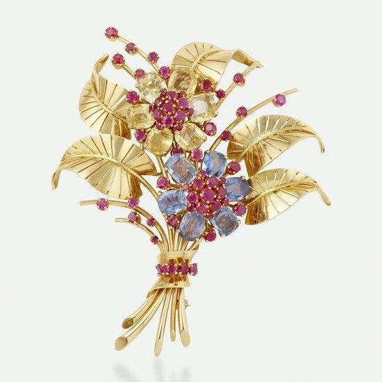 Sapphire and ruby bouquet brooch