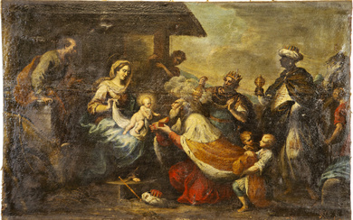 Scuola genovese del secolo XVIII "Adorazione dei magi" olio su tela (cm 79x126) in cornice (estesi difetti e restauri)
