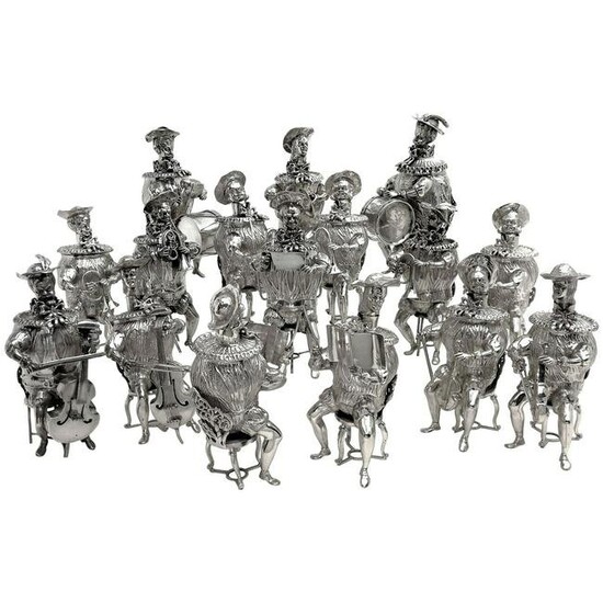 Set of 16 Solid Silver Musician Models Table Figures Hanau Germany, circa 1900