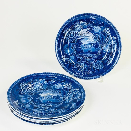 Set of Six R. Hall's "Select Views" Staffordshire Blue Transfer-decorated Plates, each marked "Pains Hall/Surrey," dia. 10 in.