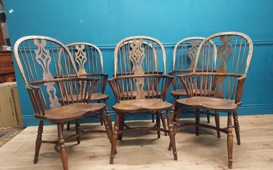 Set of six early 20th C. ash and elm Windsor armchairs raise...