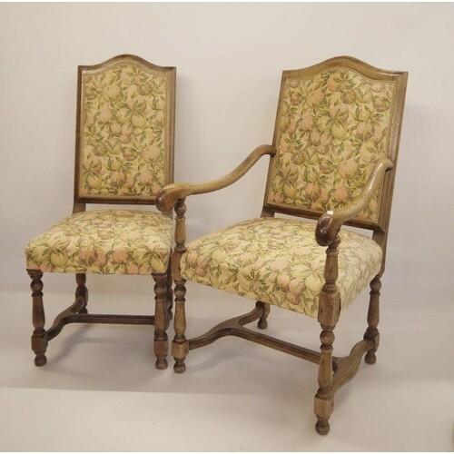 Set of six reproduction oak chairs, two open armed carvers a...
