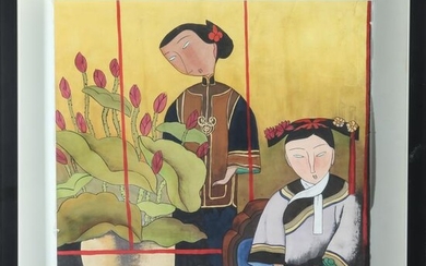 Signed Chinese "Two Women" Gouache on Paper