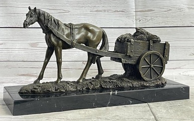 Signed Original Workhorse With Carriage Bronze Sculpture On Marble Base - 8" x 15"