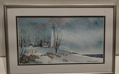 Signed Sue Wolff Lighthouse in Snow Watercolor Painting