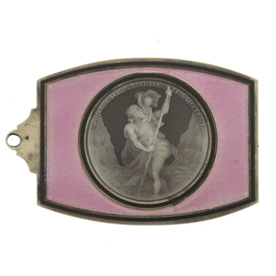 St. Christopher Sterling Silver and Enamel Dashboard Plaque Pendant, France, Early 20th Century.