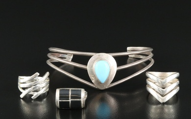 Sterling Rings and Bracelet Including Faux Turquoise and Faux Black Onyx
