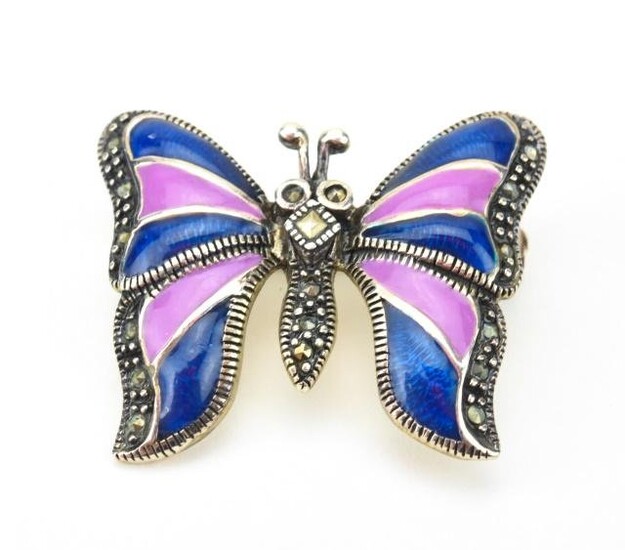 Sterling Silver Enamel Marcasite Butterfly Brooch