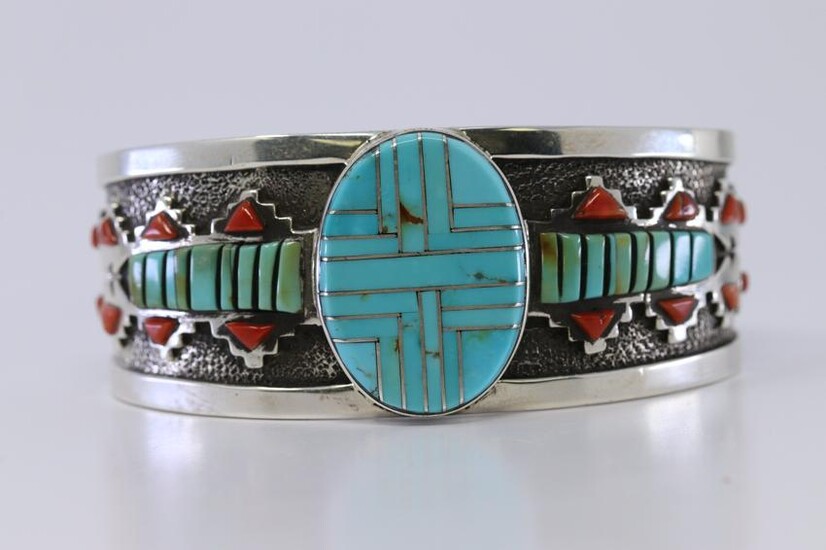 Sterling Silver and Turquoise and Coral Bracelet by