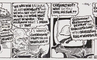 Steve Bell, British b.1951 - 'I don't believe this!!', 1986; ink, pencil and correction fluid on paper, signed and dated lower right 'Steve Bell 1986', 12 x 29.8 cm: together with 9 other cartoons by the same artist of the same size and medium...