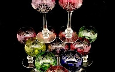 Suite of twelve Rhine white wine glasses in polychrome crystal,...