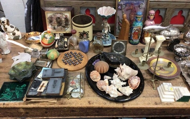 Sundry decorative items, including seashells, china, glassware, candlesticks, sculptures, etc