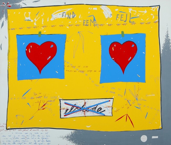 Sven Dalsgaard: “Find fem fejl”, 1985. Signed and dated Sven Dalsgaard. Silkscreen on canvas. 55×64 cm.