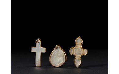 THREE MOTHER OF PEARL RELIGIOUS AMULETS SET ON GOLD, 19TH CE...