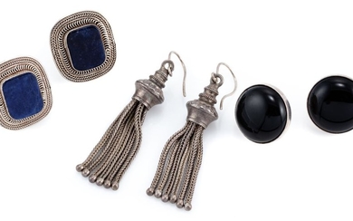 THREE PAIRS OF SILVER EARRINGS; two pairs of stone set studs with cushion shape sodalite plaques (1 with fracture), and round caboch...