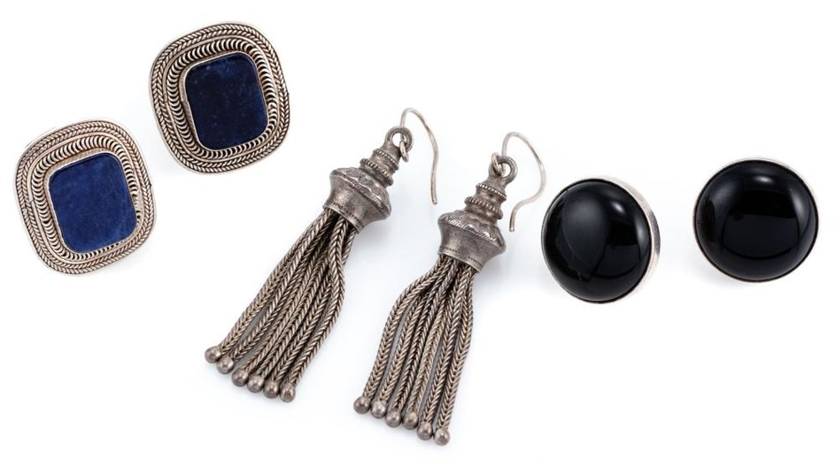 THREE PAIRS OF SILVER EARRINGS; two pairs of stone set studs with cushion shape sodalite plaques (1 with fracture), and round caboch...