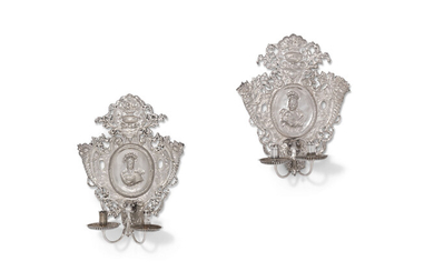 TWO CHARLES I-STYLE SILVER-PLATED TWO-LIGHT WALL SCONCES, 19TH CENTURY