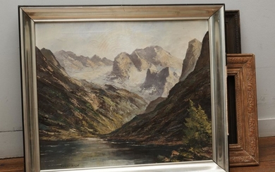TWO FRAMES AND A LANDSCAPE PAINTING, THE PAINTING 48 CM HIGH, 58 CM WIDE