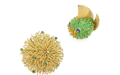 TWO GOLD, ENAMEL AND GEM-SET BROOCHES