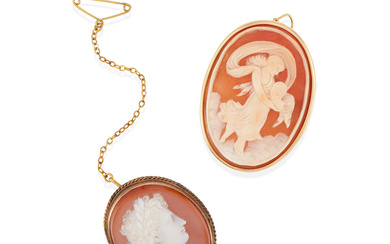 TWO GOLD SHELL CAMEO PENDANT BROOCHES