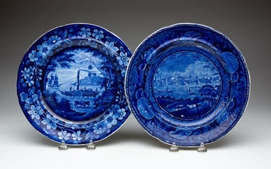 TWO HISTORICAL STAFFORDSHIRE AMERICAN VIEW OF ALBANY BLUE TRANSFER PLATES.
