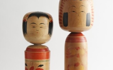 TWO LARGE VINTAGE WOODEN JAPANESE HAND PAINTED KOKESHI DOLLS, THE TALLEST 53 CM HIGH, LEONARD JOEL LOCAL DELIVERY SIZE: SMALL