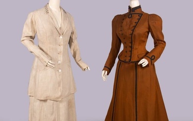 TWO LINEN OR WOOL WALKING DRESSES, EARLY 1890s & c. 1910