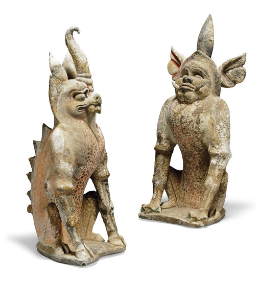 TWO RARE PAINTED POTTERY FIGURES OF EARTH SPIRITS, ZHENMUSHOU, TANG DYNASTY (617-908)
