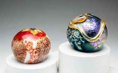 TWO STUDIO GLASS PAPERWEIGHTS.
