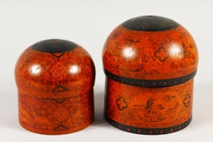 TWO VERY FINE INDIAN TURNED WOOD CIRCULAR BOXES