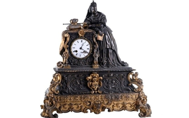 Table clockFrance, mid 19th centurybronze, partially gilded, richly decorated base with ornamental motifs and three small allegorical figures, surmounted by a queen with the book, two-charge dial with Roman numerals, to be revised50 x 46 x 18 cm
