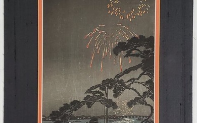 Takahashi Shotei Old to Antique Japanese Woodblock Print Woman Fireworks