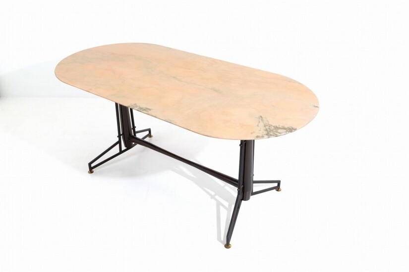 Tavolo ovale in ferro, ottone e legno con piano...