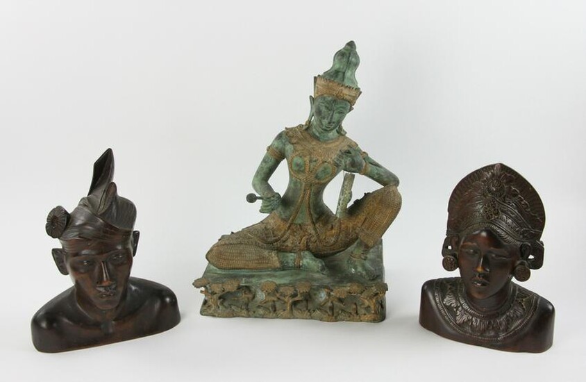 Thailand Wood Carvings and Seated Bronze Figure
