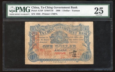 The Ta-Ching Government Bank, $1, Yunnan overprinted on Kalgan, 1.9.1906, serial number 1833, (...